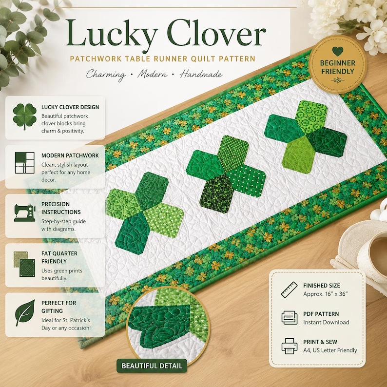 Lucky Clover Patchwork Table Runner Quilt Pattern PDF | Irish Shamrock Table Runner Sewing Pattern | St Patrick's Day Quilted Table Runner image 1