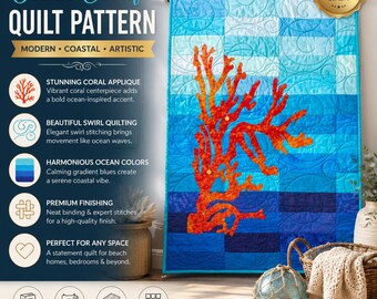 Quiltmuster „Ozeankoralle“ (PDF) | Modernes Küstenquiltmuster | Strandquiltmuster | Maritimer Patchwork-Quilt | Digitales Quiltmuster