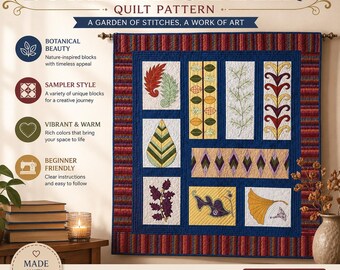 Botanisches Quiltmuster (PDF) | Naturquiltmuster | Blätter- und Blumenquiltmuster | Quiltmuster für Anfänger | Patchworkdecke