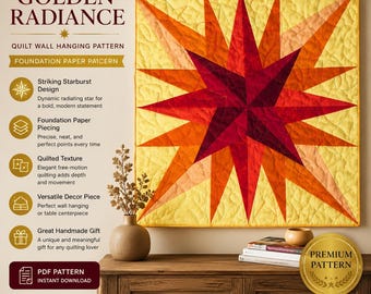 Golden Radiance Quilt Wall Hanging Pattern PDF | Modern Star Quilt Pattern | Foundation Paper Piecing Quilt | Geometric Wall Quilt