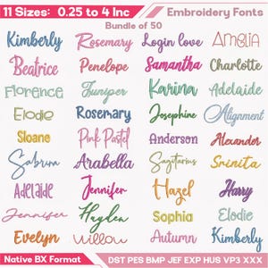 Puede incluir: Un paquete de fuentes de bordado digitales con 50 nombres en varios estilos de escritura e impresión, colores y tamaños de 0,64 a 10,16 cm. El texto incluye nombres como Kimberly, Rosemary, con formatos de archivo como DST, PES, BMP, JEF, EXP, HUS, VP3 y XXX.