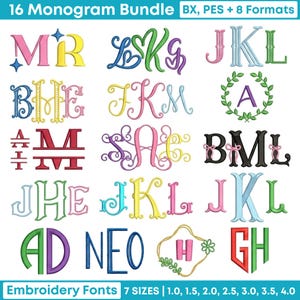 May include: A digital collection of 16 monogram embroidery fonts in various styles and colors, including letters with flourishes, wreaths, and bows. The text at the top reads 16 Monogram Bundle BX, PES + 8 Formats and at the bottom Embroidery Fonts 7 SIZES 1.0, 1.5, 2.0, 2.5, 3.0, 3.5, 4.0.