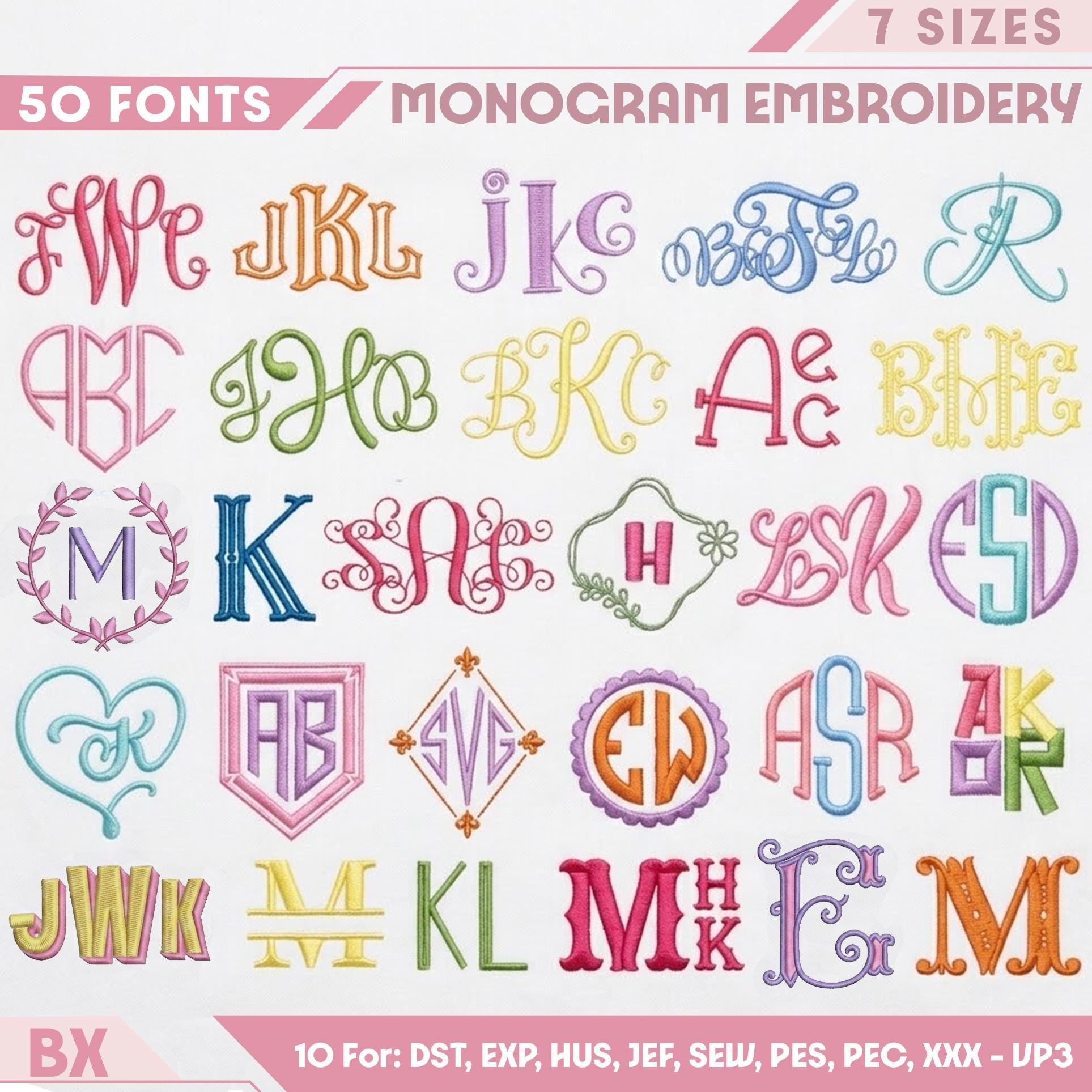 Package 50 BX Embroidery Fonts, 5 sizes, Satin Stitch embroidery font sample