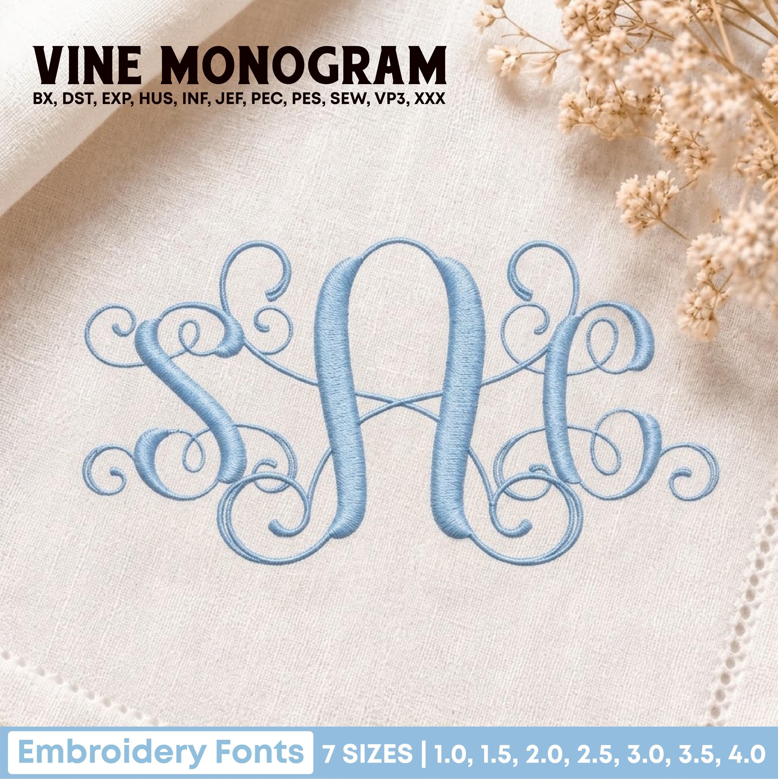 Vine Monogram Machine Embroidery Font, Satin Stitch Cursive embroidery font sample