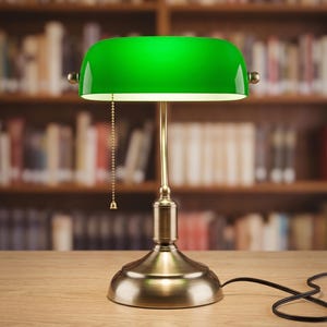May include: A banker lamp featuring a vibrant green glass shade and a brushed brass metal base. The lamp includes a vertical stem, a circular pedestal, and a pull chain switch with a small bead detail hanging from the side of the shade.