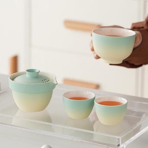 Set da tè da viaggio in ceramica con smalto sfumato – Cerimonia del tè Gongfu portatile