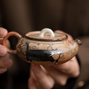 Hand-Painted Shino Stone Teapot, Black Cat, Crackle Glaze, 80ml Zen Tea Ware