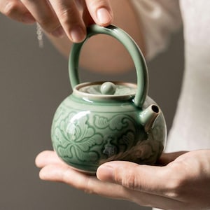 Handmade Longquan Celadon Peony Teapot | Plum Green Gongfu Tea Pot