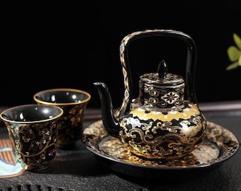 Handmade Black Gold Dragon Enamel Teapot Set | Master Artisan Gongfu Tea Collection