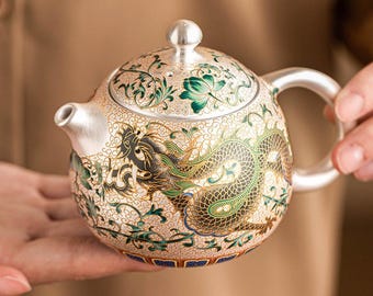 Handmade Silver Glazed Dragon & Phoenix Teapot, 188ml Ceramic Tea Ceremony Gift