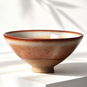 Puede incluir: Un cuenco de cerámica con un borde ancho y acampanado, con un esmalte de color marrón rojizo intenso que se transforma en un tono terracota más claro y moteado hacia la base. El interior es blanco roto con acabado craquelado y base.