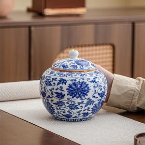 Handmade Blue White Porcelain Tea Caddy, Floral Pattern Ceramic Jar, Artisan Crafted Storage Container