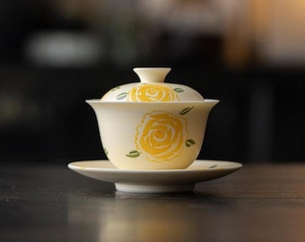 Handbemaltes Gongfu-Teeservice aus Keramik | Kunsthandwerkliche gelbe Rosen-Gaiwan (100 ml)