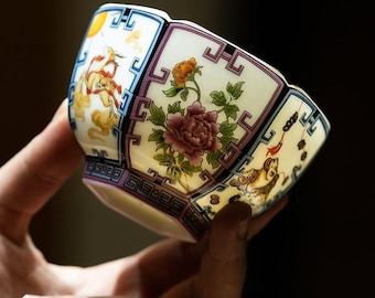 Handcrafted Dehua White Porcelain Hexagonal Teacup, Mutton Fat Jade, Gift Box