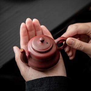 Può includere: Una piccola teiera rotonda di colore marrone rossastro scuro con una finitura liscia e opaca. La teiera presenta un beccuccio corto e curvo, un coperchio circolare con una piccola maniglia a pomello e un foro di sfiato. Il corpo ha sottili striature.