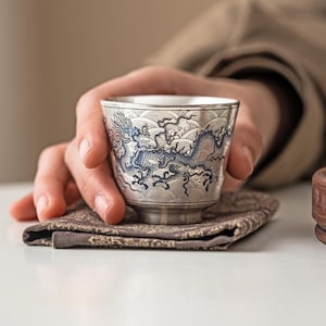 Hand-Painted Dragon Silver Glazed Tea Cup | Artisan Cobalt Blue Ceramic Mug
