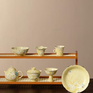 Handmålad gul keramisk teservis, prästkrageblommig Kungfu-teservis, Cottagecore Home Decor