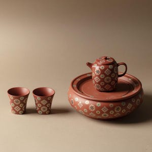 May include: A terracotta-colored tea set consisting of a teapot, two small cups, and a circular tray. Each piece features a repeating geometric pattern in white, green, and gold. The teapot has a lid and a side handle, while the cups are tapered.