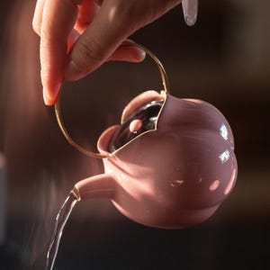 Handmade Blush Pink Flower Teapot, Brass Handle, Wabi-Sabi Ceramic (150ml)