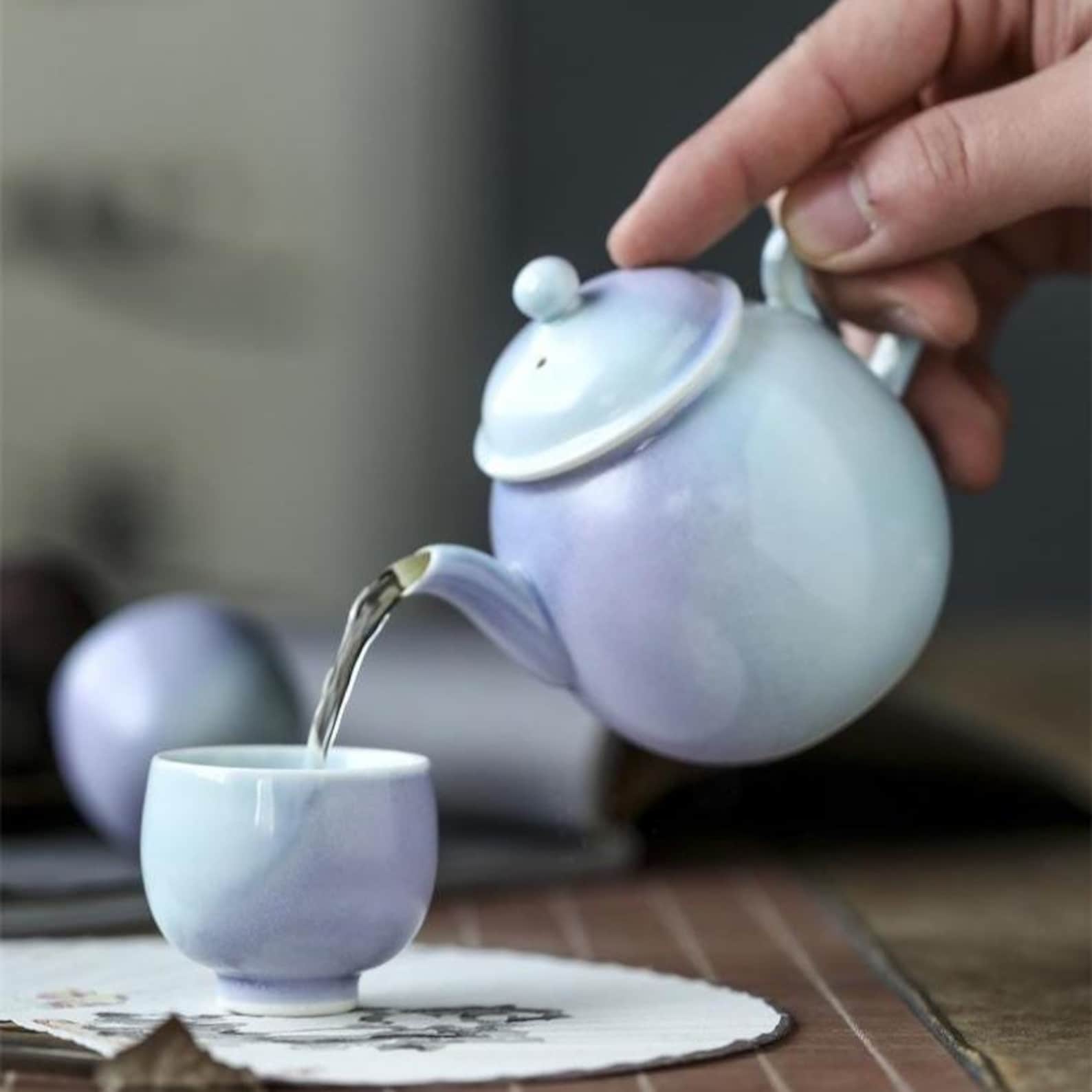 Handmade Lavender Gradient Ceramic Teapot Set, Jingdezhen Kiln-Fired, 160ml (Teapot + 2 Cups)