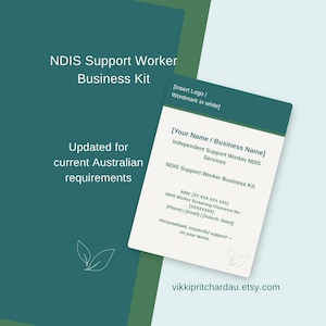 Könnte beinhalten: Ein NDIS Support Worker Business Kit Vorlagen-Set in Dunkelgrün und Weiß. Der Text enthält NDIS Support Worker Business Kit, Updated for current Australian requirements sowie Platzhalter für Kontaktdaten und geschäftliche Informationen.