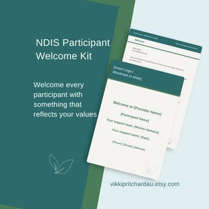 Könnte beinhalten: Ein NDIS-Willkommenspaket für Teilnehmer in Dunkeltürkis und Creme, bestehend aus einem Dokument mit Platzhaltern für Anbietername, Teilnehmername, Support-Team, Startdatum und Kontaktdaten, verziert mit einer einfachen weißen Blattzeichnung.