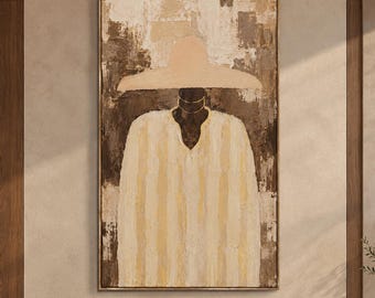 Beige Hat Figure Wall Art, Pale Golden Clothing and Two Curved Face Lines