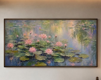 Pink Lotus Pond Oil Painting, Water Lily Wall Art, Textured Garden Lake Canvas Decor