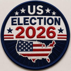 May include: A circular embroidered patch featuring a dark blue border and a white center. The text US ELECTION 2026 is stitched in dark blue and red. Below the text is a white outline of the United States filled with the American flag pattern.