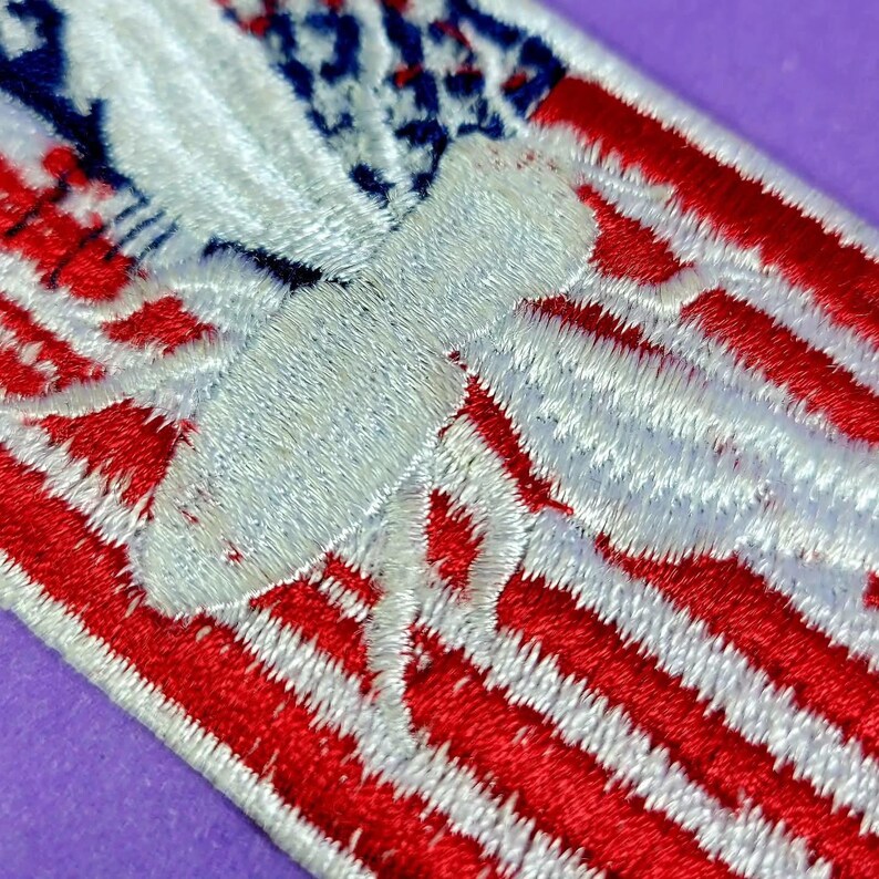 May include: A rectangular embroidered patch featuring a white insect silhouette centered over a background of red and white horizontal stripes and a blue field with white stars, mimicking the pattern of the American flag in thread.