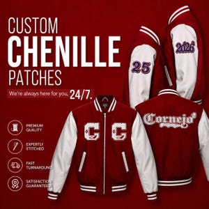 May include: Maroon and white varsity jackets featuring custom chenille patches. The jackets display the letter C on the chest, the number 25 on the sleeve, the year 2026, and the name Cornejo on the back. Text includes CUSTOM CHENILLE PATCHES.