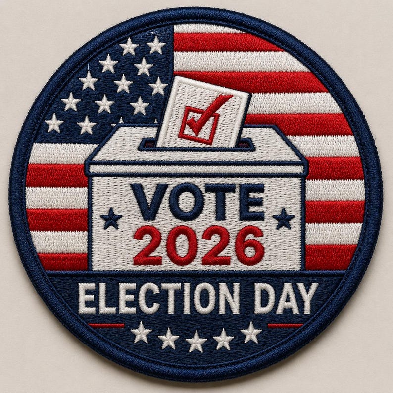 May include: A circular embroidered patch featuring the American flag background with a white ballot box in the center. The box shows a ballot with a red checkmark. Text reads VOTE 2026 and ELECTION DAY in bold blue and white lettering.