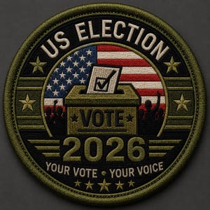 May include: A circular embroidered patch featuring an olive green border with gold stars. The center displays a ballot box with a checkmark, the text US ELECTION 2026, and the phrase YOUR VOTE &bull; YOUR VOICE, set against a background of the American flag.