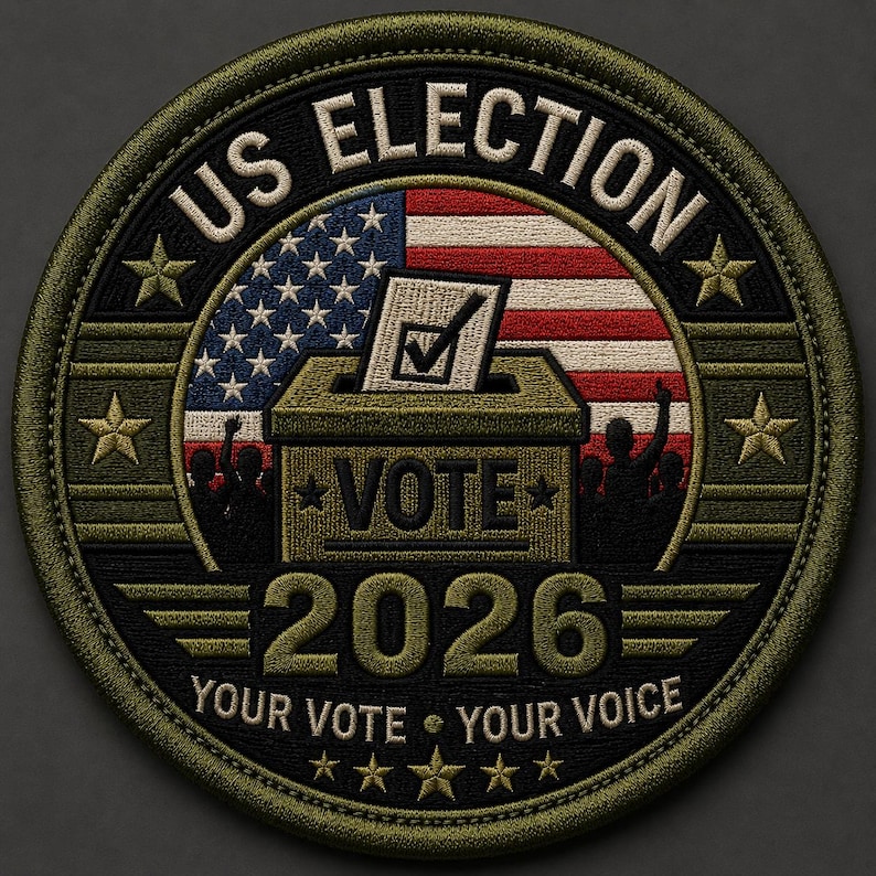 May include: A circular embroidered patch featuring an olive green border with gold stars. The center displays a ballot box with a checkmark, the text US ELECTION 2026, and the phrase YOUR VOTE &bull; YOUR VOICE, set against a background of the American flag.