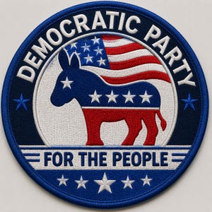 May include: A circular embroidered patch featuring a blue donkey silhouette with white stars on its body. The background includes a stylized American flag. The text DEMOCRATIC PARTY is arched at the top, and FOR THE PEOPLE is at the bottom.