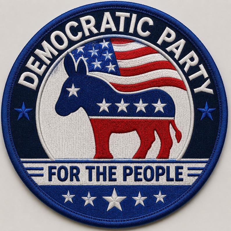 May include: A circular embroidered patch featuring a blue donkey silhouette with white stars on its body. The background includes a stylized American flag. The text DEMOCRATIC PARTY is arched at the top, and FOR THE PEOPLE is at the bottom.