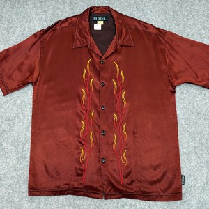 Vintage FILTER Flame Embroidered Shirt USA Made Burgundy Rayon Acetate Camp Collar Rockabilly Flame Pattern Button Up Oversized Men L