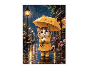 Katze im gelben Regenmantel Poster: Gemütliche Regnerische Nachtszene Wandkunst