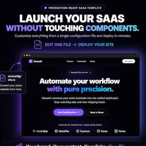 Könnte beinhalten: Eine SaaS-Template-Landingpage im Dark-Mode mit dem Text 'LAUNCH YOUR SAAS WITHOUT TOUCHING COMPONENTS' und 'Automate your workflow with pure precision.' Sie hebt Funktionen wie Next.js, TypeScript und Tailwind CSS-Integration hervor.