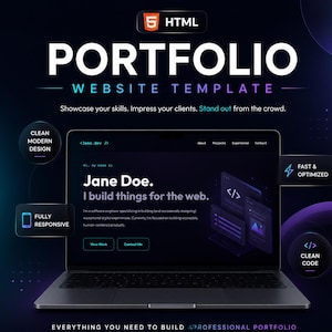 May include: A digital portfolio website template featuring a laptop displaying a dark-themed interface with the text Jane Doe. I build things for the web. The graphic includes labels for HTML5, CSS3, responsive design, fast performance, and clean code.