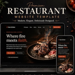Puede incluir: Una pantalla digital de una plantilla de sitio web para restaurantes llamada Noor & Ember, que muestra un portátil y un teléfono con una interfaz oscura, imágenes de carne a la parrilla, el texto Where fire meets faith e iconos.