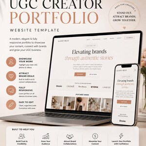 Puede incluir: Una plantilla de sitio web digital para un portafolio de creador UGC mostrada en una laptop y un teléfono inteligente. El diseño presenta una paleta de colores neutros con texto que incluye UGC CREATOR PORTFOLIO, Elevating brands y Glossy Belle.
