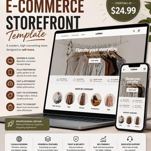 Peut inclure: Un modèle de boutique en ligne numérique affiché sur un écran d'ordinateur portable et de smartphone. L'interface présente la marque Lumina, une image principale de vêtements sur cintres, des menus de navigation et une section de catégories.