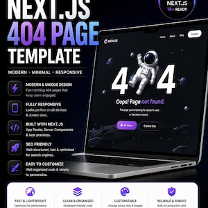 Könnte beinhalten: Eine digitale Produktanzeige für eine Next.js 404-Seitenvorlage mit einem Laptop-Bildschirm, der eine Astronautengrafik, den Text 404 und Oops! Page not found zeigt. Das Layout enthält Funktionslisten wie Modern & Unique Design und Fully Responsive.