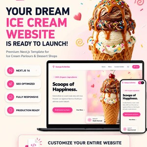 Plantilla web para heladería / Código fuente completo en Next.js + Guía de configuración y personalización / Descarga digital