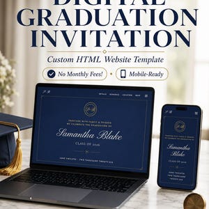 Op de afbeelding: Een digitale afstudeeruitnodiging website template weergegeven op een laptop en smartphone. Het scherm toont een marineblauw ontwerp met gouden tekst met de tekst Samantha Blake, Class of 2026, June Twelfth, Two Thousand Twenty-Six en een monogram.
