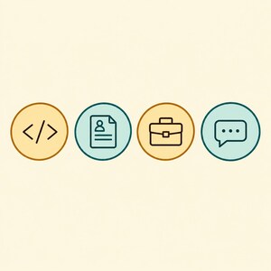 May include: Four circular icons arranged in a horizontal row. The first icon is yellow with a black code bracket symbol. The second is light blue with a black resume document icon. The third is yellow with a black briefcase. The fourth is light blue with a black speech bubble icon.