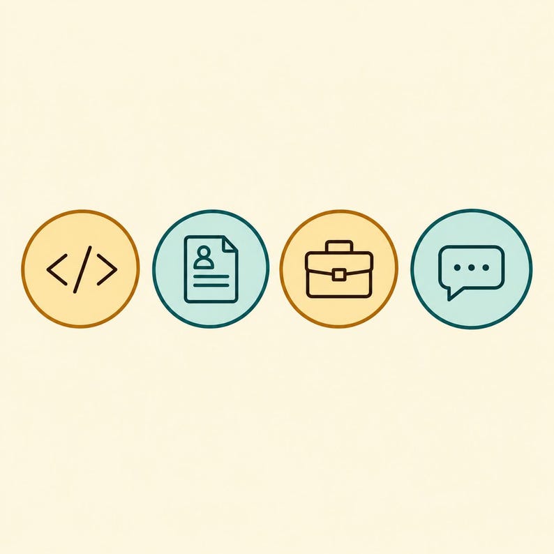 May include: Four circular icons arranged in a horizontal row. The first icon is yellow with a black code bracket symbol. The second is light blue with a black resume document icon. The third is yellow with a black briefcase. The fourth is light blue with a black speech bubble icon.