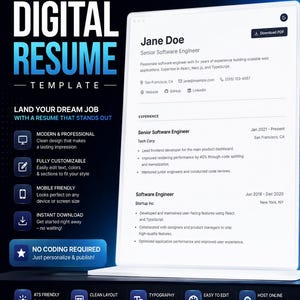 Puede incluir: Una plantilla de currículum digital que muestra un documento blanco con texto negro sobre un fondo azul oscuro. El texto incluye Digital Resume Template, Jane Doe, Senior Software Engineer y varios detalles de experiencia.