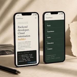 May include: Two black smartphones displaying a professional portfolio website for Daniel Reyes. The left screen shows a backend developer profile with text about cloud automation, while the right screen displays a dark green navigation menu with links.